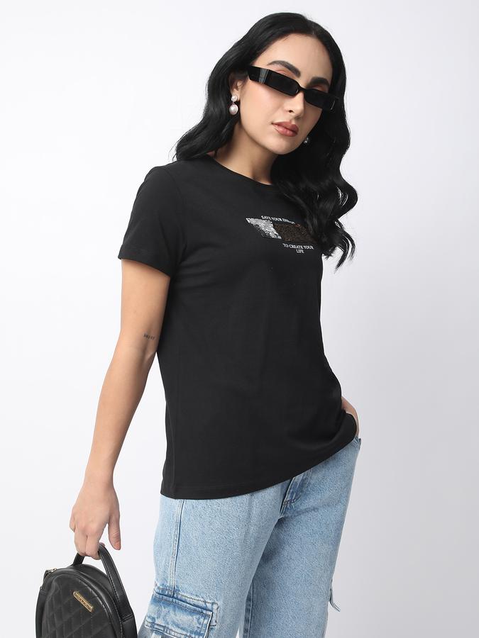 Self Design Women Round Neck T-Shirt