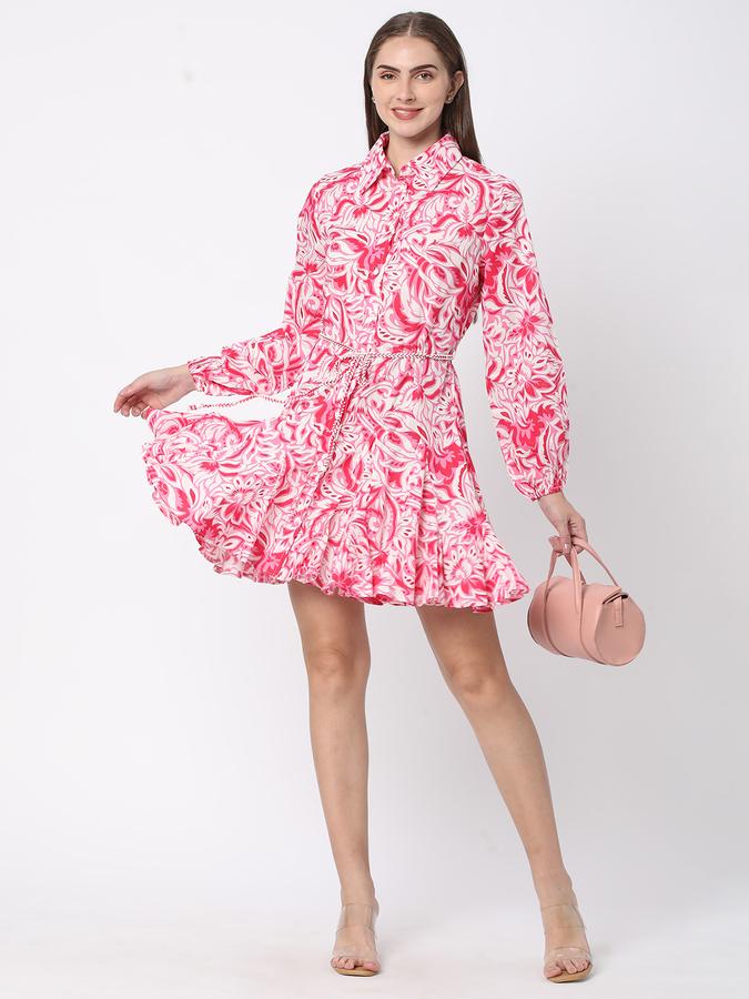 Women Floral Print Shirt Dress with Waist Tie-Up image number 1