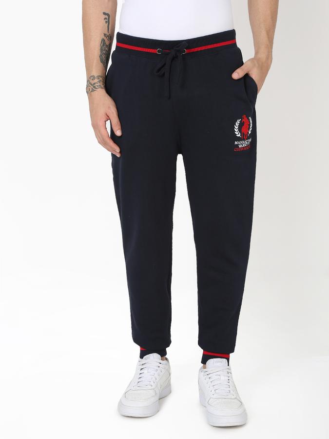 Men Logo Print Slim Fit Flat Front Pants with Insert Pockets